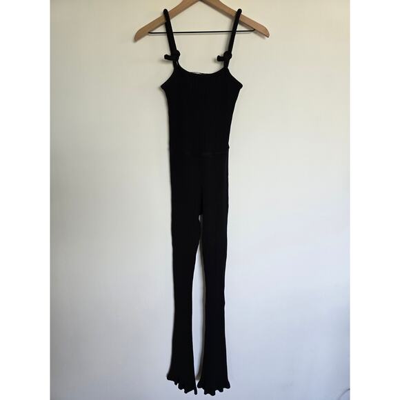The Line by K Black Ribbed Knit Cotton Jumpsuit Sz Small Flare Leg - Picture 1 of 4
